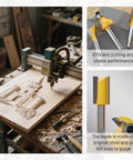 100 Pack Router Bit Set With 1 Quarter Inch Shank in action on wood, showcasing precision and durability with close-up of bits.