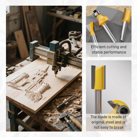 100 Pack Router Bit Set With 1 Quarter Inch Shank in action on wood, showcasing precision and durability with close-up of bits.