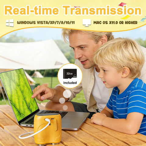 2 In 1 Pocket Microscope And Binoculars For Kids 1000X Digital Microscope With 2 Inch IPS Screen USB Rechargeable STEM Toy, father and boy using laptop