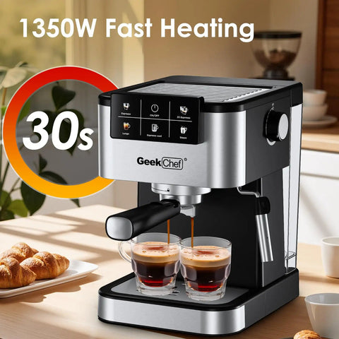 Quick Draw Espresso Machine With On Deck Milk Frother, 20 Bar Pump For Rich Pulls, Fires Up In Thirty Seconds Flat brewing espresso.