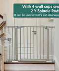 29-40 Inch Metal Baby Gate With Grey Wood Pattern installed on staircase with wall protectors and extenders visible
