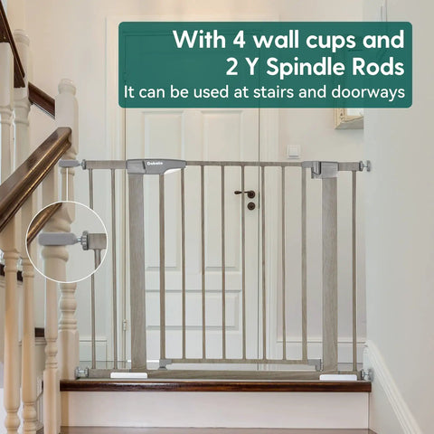 29-40 Inch Metal Baby Gate With Grey Wood Pattern installed on staircase with wall protectors and extenders visible