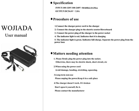 User manual for 54.6V 2A Universal Ebike And Scooter Charger With Three Plugs For 48V Batteries including images of charger and cables