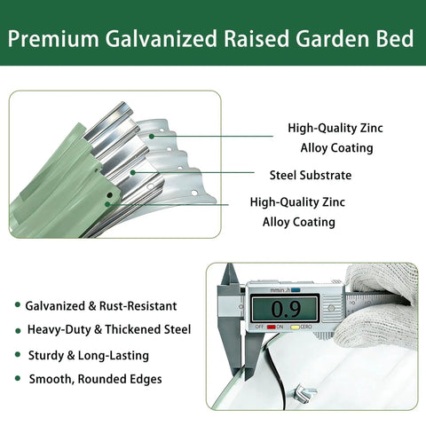 Diagram showing layers of a Two Pack Raised Garden Bed Kits 4x2x1 Ft Green Oval Galvanized Metal Planter Beds' steel composition with measurements.