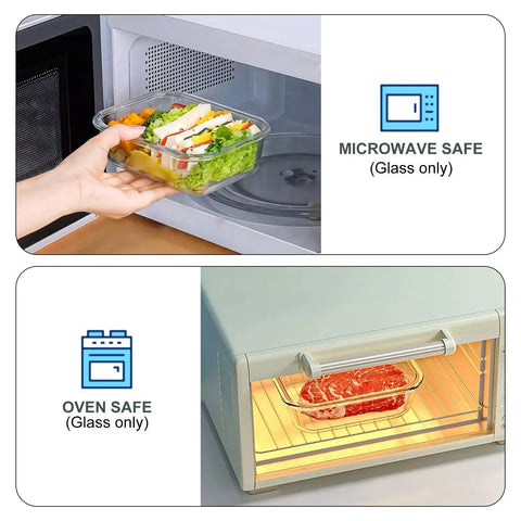 Hand placing 10 Pack 22 Oz Glass Meal Prep Containers With Lids in microwave and oven showing heating capabilities