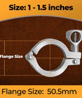 Front view of stainless steel 304 tri-clamp single-pin ferrule with wing nut and silicone gasket, TC 1-1.5 in