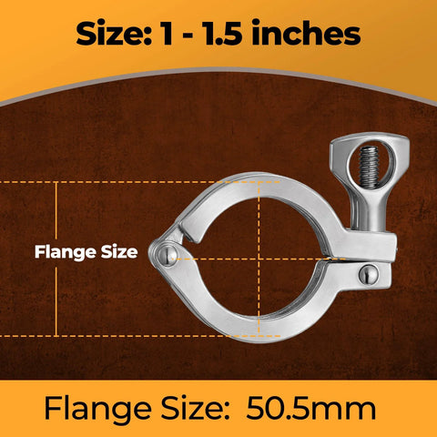 Front view of stainless steel 304 tri-clamp single-pin ferrule with wing nut and silicone gasket, TC 1-1.5 in
