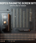 Electric Precision Screwdriver Set 181 In 1 Cordless Tool Kit with 160 magnetic bits shown with pry bar and tweezer.