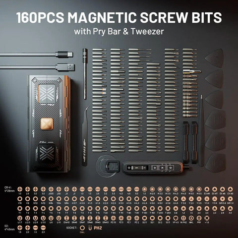 Electric Precision Screwdriver Set 181 In 1 Cordless Tool Kit with 160 magnetic bits shown with pry bar and tweezer.