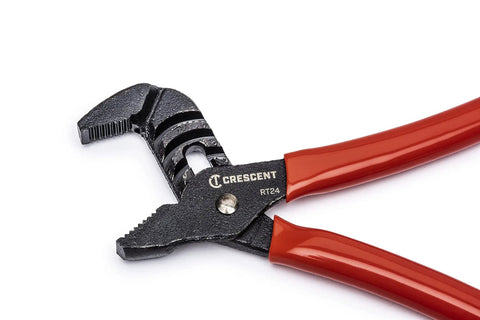 4-1/2 Inch Mini Tongue And Groove Pliers With V Shaped Jaws, Offset Design, Self Locking Adjustable Grip, red handles
