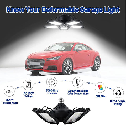 Deformable LED Garage Light 160W 16000 Lumens Five Adjustable Heads Lighting Fixture With 180 Degree Coverage E26 Base
