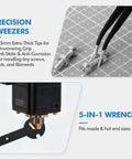 3D printer tool kit collage: precision tweezers close-up and 5-in-1 wrench installed on nozzle.