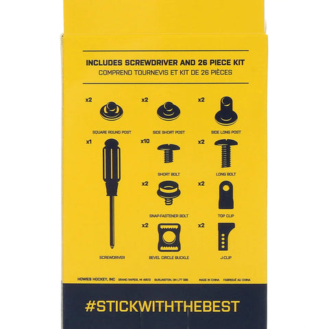 Includes screwdriver and 26 hardware pieces in the Built Tough Multi Sport Hockey Helmet Repair Kit for field repairs.