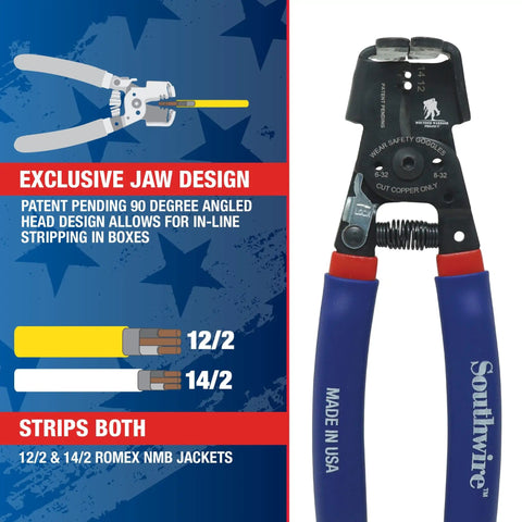 Dual Cutter And Romex Box Jaw Wire Stripper For 12/2 14/2 NMB Jackets And 12 And 14 AWG Solid Wire Pro Grade with cushioned grip