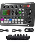Pro Audio Mixer With F988 Live Sound Card And DSP Dual Chips, Bluetooth Ready, DJ Effects And Voice Changer, front and cables