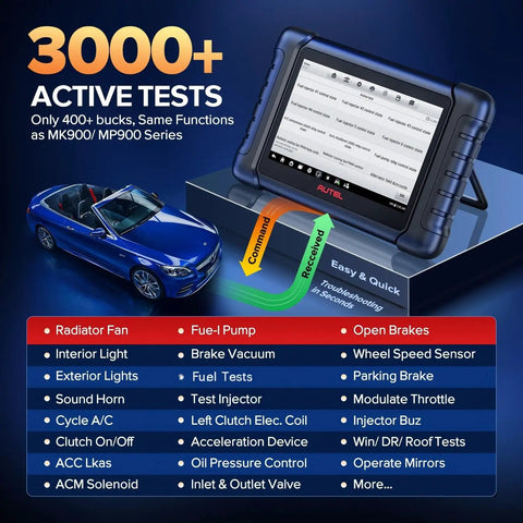 MX808S Bidirectional OBD2 Diagnostic Scanner With 3000 Plus Active Tests and service functions showing automotive features.