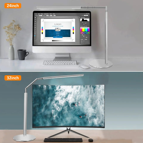 Eye Friendly Desk Lamp For Home Office And Monitor Setup No Flicker LED Task Light with adjustable height next to 24 and 32 inch monitors