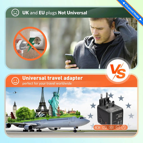 Your Go To 70W Travel Power Adapter Universal Worldwide Plug With Type A And C for global travel, shown with plugs and travel icons.