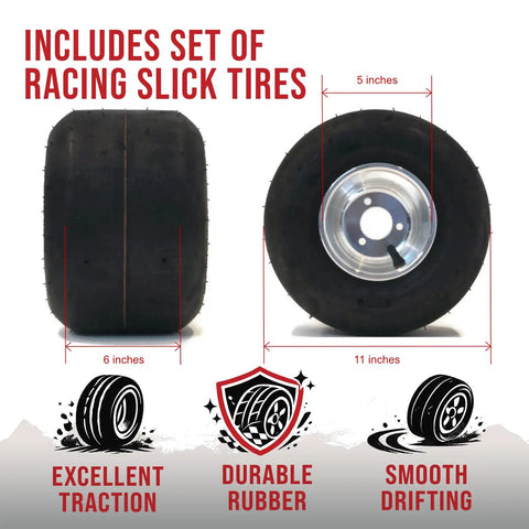 Set of racing slick tires for 40 Inch Drift Trike Shaft Kit With 12 Axle Nuts And 4 Lock Collars, 11 x 6 by 5 wheels