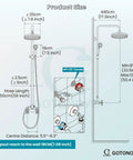 Diagram of Dope Exposed Shower Faucet Set With 8 Inch Wall Mount Rainfall Head, adjustable height, chrome finish, product size details.