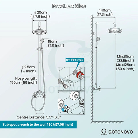 Diagram of Dope Exposed Shower Faucet Set With 8 Inch Wall Mount Rainfall Head, adjustable height, chrome finish, product size details.