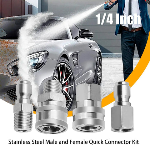 Two Pack One Quarter Inch NPT Quick Connect Couplers in Stainless Steel for Pressure Washers, Built Tough With Ball Lock Design, Heavy Duty Male And Female Plugs, Five Thousand PSI Rating displayed in front of a luxury car
