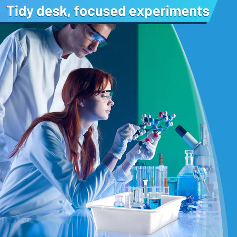 Lab workers using Six Pack Polypropylene Lab Containment Trays 15 L By 10.8 W By 4 H Durable Workhorse Temperature Resistant Plastic