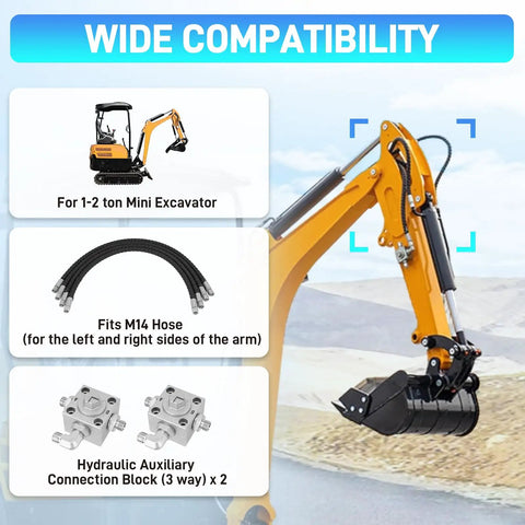 Wide compatibility graphic showing 3 Way Hydraulic Diverter Valves Kit For 1-2 Ton Mini Excavator With Quick Connects