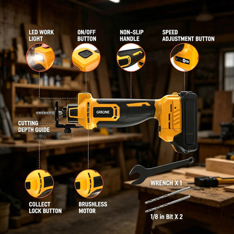Cordless Drywall Cut-Out Tool Built For Pros With Brushless Rotary Saw, 28000 RPM, 3-Speed Depth Adjustable, LED Light, Compact Spiral Tool For Sheetrock And Wood Cutting, Compatible With 20V Batteries (Battery Not Included), side view with bits