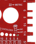 Gauge tool with metric and inch measurements, red plastic, showing 22 metric and various markings
