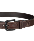 Men Genuine Leather Belt With Tonal Stitch Heavy Duty Brown Work Strap showing sturdy buckle and stitching details.