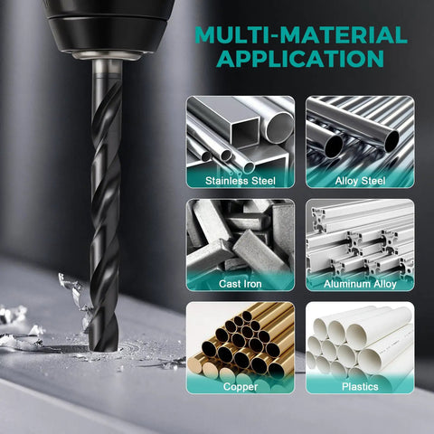 Pro Grade 21 Piece Cobalt Drill Bit Set With Bullet Point Tip M35 TiAlN Coated, 3 Flats Shank, drilling into stainless steel