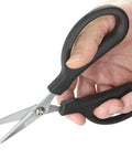 Hand holding Six And A Quarter Inch Carbon Steel Shears For Cutting Kevlar Dyneema Spectra Vectran Nomex Technora Zylon Innegra