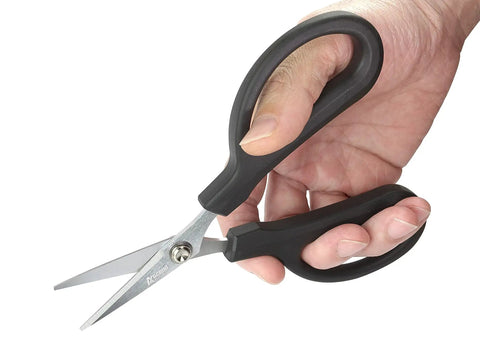 Hand holding Six And A Quarter Inch Carbon Steel Shears For Cutting Kevlar Dyneema Spectra Vectran Nomex Technora Zylon Innegra