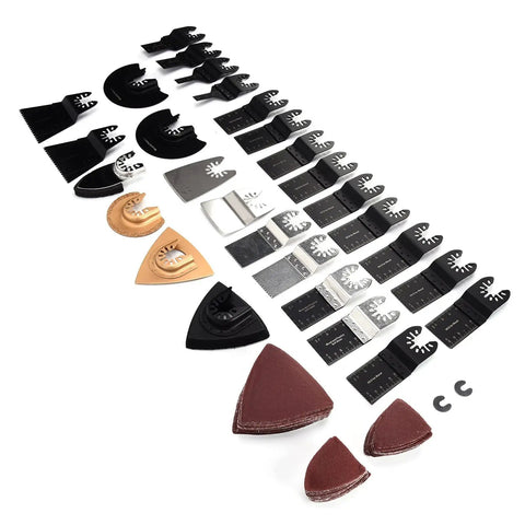 Heavy Duty Oscillating Tool Blades Kit Carbon Steel Multitool Blades For Metal And Wood Versatile Cutting Options displayed on white.