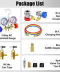 Components of 3 Way Car HVAC Manifold Gauge Set With Hoses And Quick Coupler Adapter For R134a R404a shown in package list