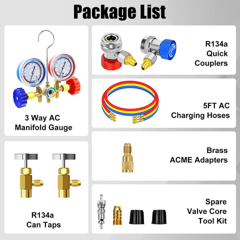 Components of 3 Way Car HVAC Manifold Gauge Set With Hoses And Quick Coupler Adapter For R134a R404a shown in package list