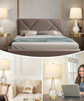 Gold Table Lamps Set Of 2 For Living Room With Shell Tile Inset, Coastal Nightstand Lamps With USB Ports, shown in bedroom and office.