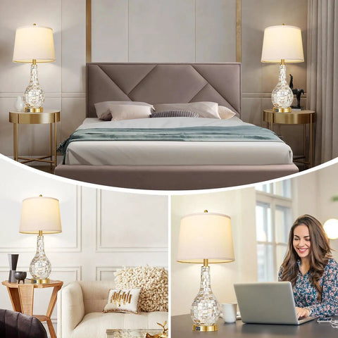 Gold Table Lamps Set Of 2 For Living Room With Shell Tile Inset, Coastal Nightstand Lamps With USB Ports, shown in bedroom and office.