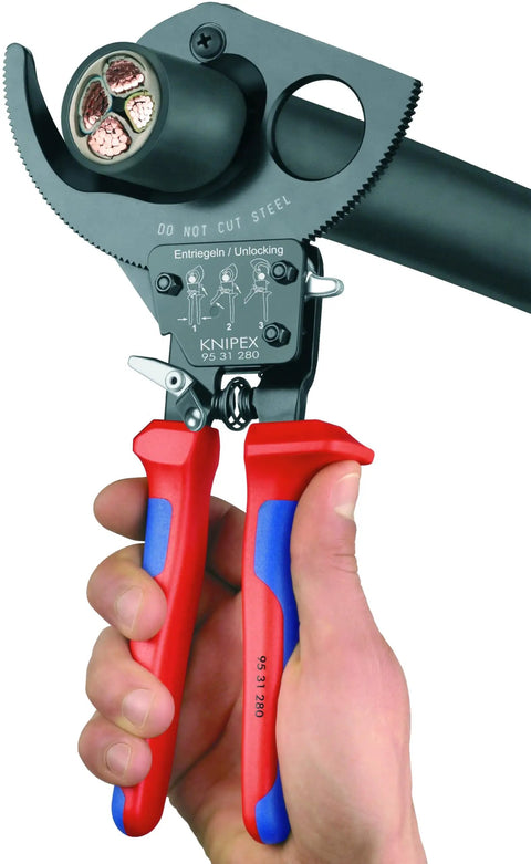 Hand holding 95 31 280 SBA Copper And Aluminum Cable Cutters With One Hand Ratchet, cutting copper cable, precision ground blades.
