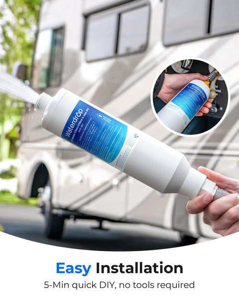 Road Tripping RV Inline Water Filter For Garden Hose And Camper Sweet Crisp Drinking Purification being installed, showing easy connection.