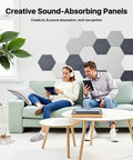 Ultra Sleek Hexagon Acoustic Panels With Heavy Duty Self Adhesive Backing 18 Pack on a wall with people enjoying a sound-absorbing workspace.