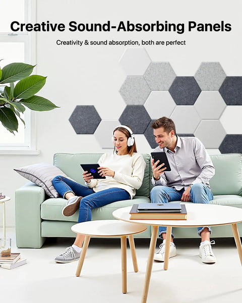 Ultra Sleek Hexagon Acoustic Panels With Heavy Duty Self Adhesive Backing 18 Pack on a wall with people enjoying a sound-absorbing workspace.