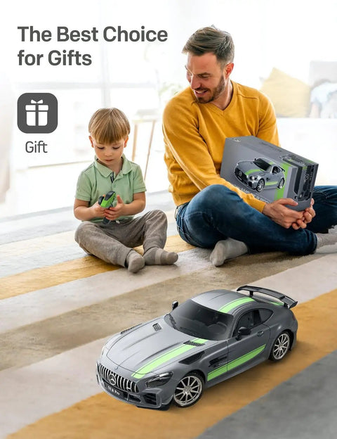Father and son playing with Mercedes Benz GT R Pro 1/12 Scale RC Car Official Licensed Drift Vehicle With Realistic Body, 2 Rechargeable 900mAh Batteries, 2.4GHz Remote, LED Lights, Great Gift For Boys, Girls, Teens And Adults.