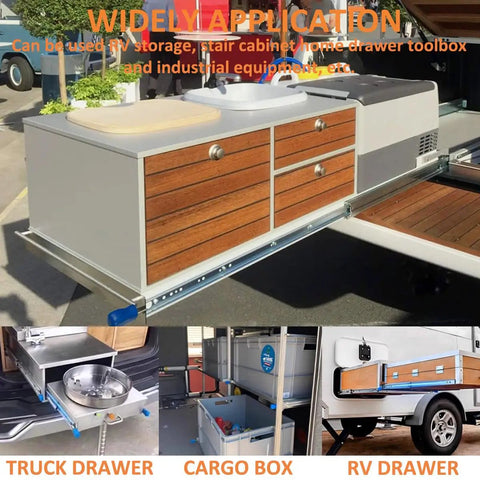 Heavy Duty Workhorse Grade Full Extension Drawer Slides Secured With A Dead Easy Lock And Smooth As Silk Glide in various applications.