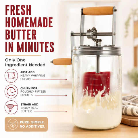 Hand Crank Butter Churner Mason Jar With Ceramic Crocks And Super Easy Old Fashioned Creamery Kit For Making Straight Up Real Homemade Butter in use, splashes of cream visible.