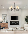 Living room with Totally Chic Modern Farmhouse Small Chandelier In Black Finish, Perfect Dining Room Light Fixture Over Table