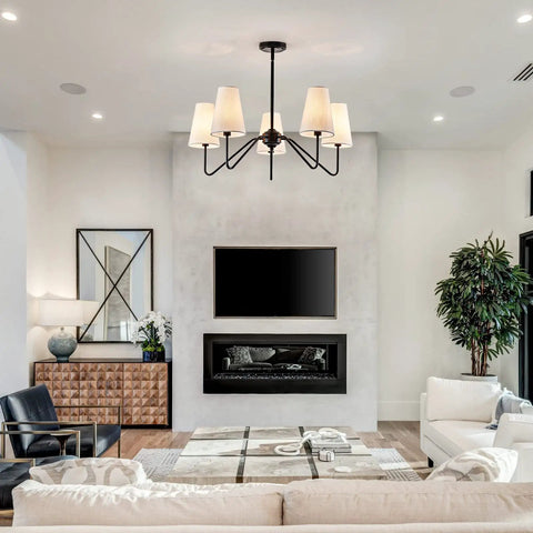 Living room with Totally Chic Modern Farmhouse Small Chandelier In Black Finish, Perfect Dining Room Light Fixture Over Table