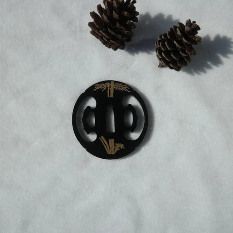 Samurai Sword Koshirae Tsuba Iron Carved 001-026 TDH 026 in black with pinecones, hand guard for katana or tanto