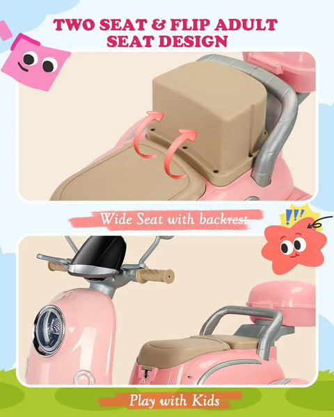 12V Dual Motor Ride On Motorcycle For Kids With Two Seats Pink Electric Moped For Indoor Outdoor Adventures Flip Up Rear Seat One Hour Run Time Easy Start For Little Riders, two-seat pink ride-on with flip-up backrest